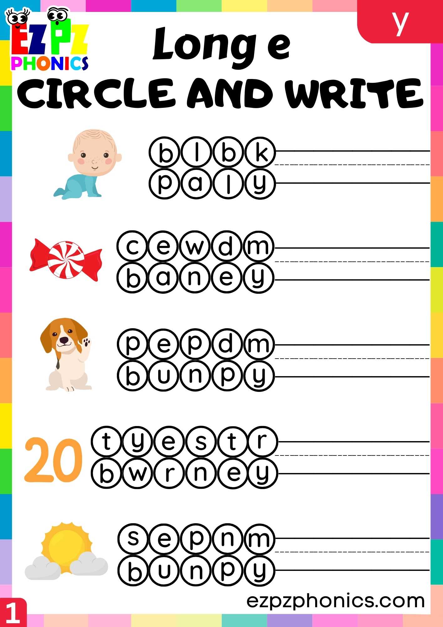 Group1 Y Words Circle And Write Long E Phonics Worksheet